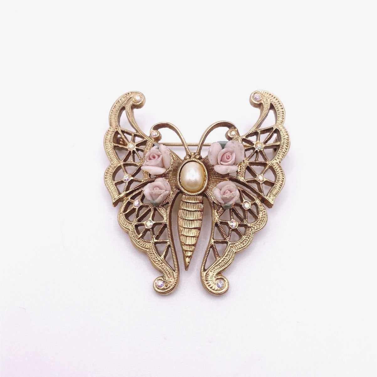 Vintage Gold Tone Butterfly with Ceramic Flowers