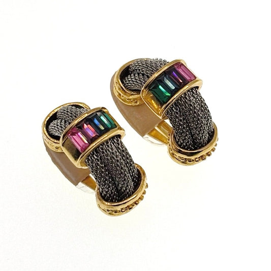 Vintage Two Tone Clip On Earrings With Colored Rhinestones Signed R