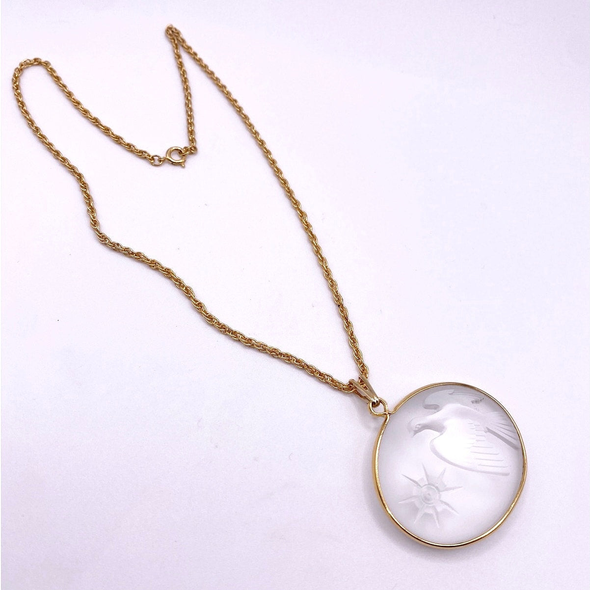 Nina Ricci Lalique Frosted Glass Peace Dove with Star Pendant Necklace Gold Tone