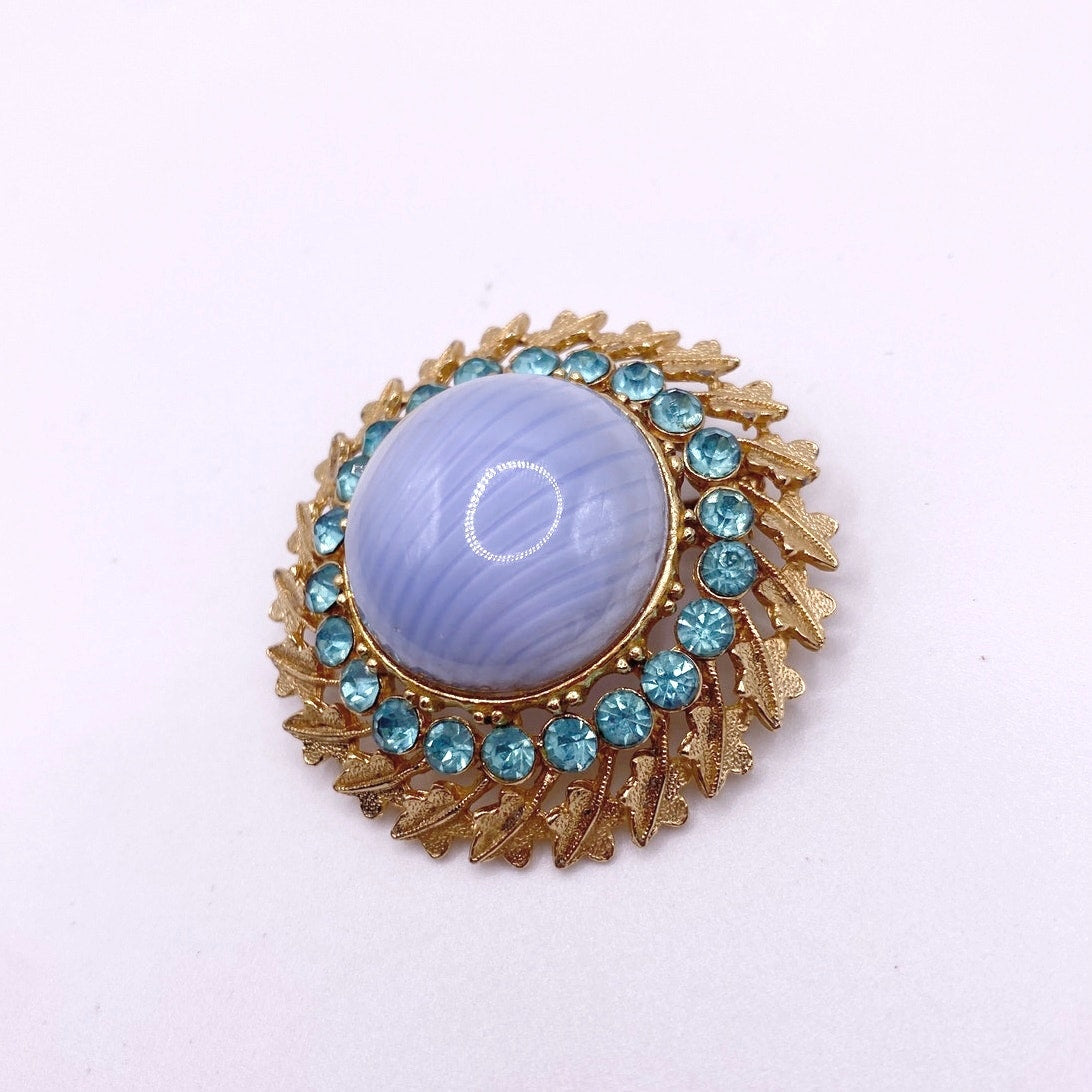 Vintage Vintage Blue Marbled Domed Art Glass & Blue Rhinestones Pin Brooch 2”