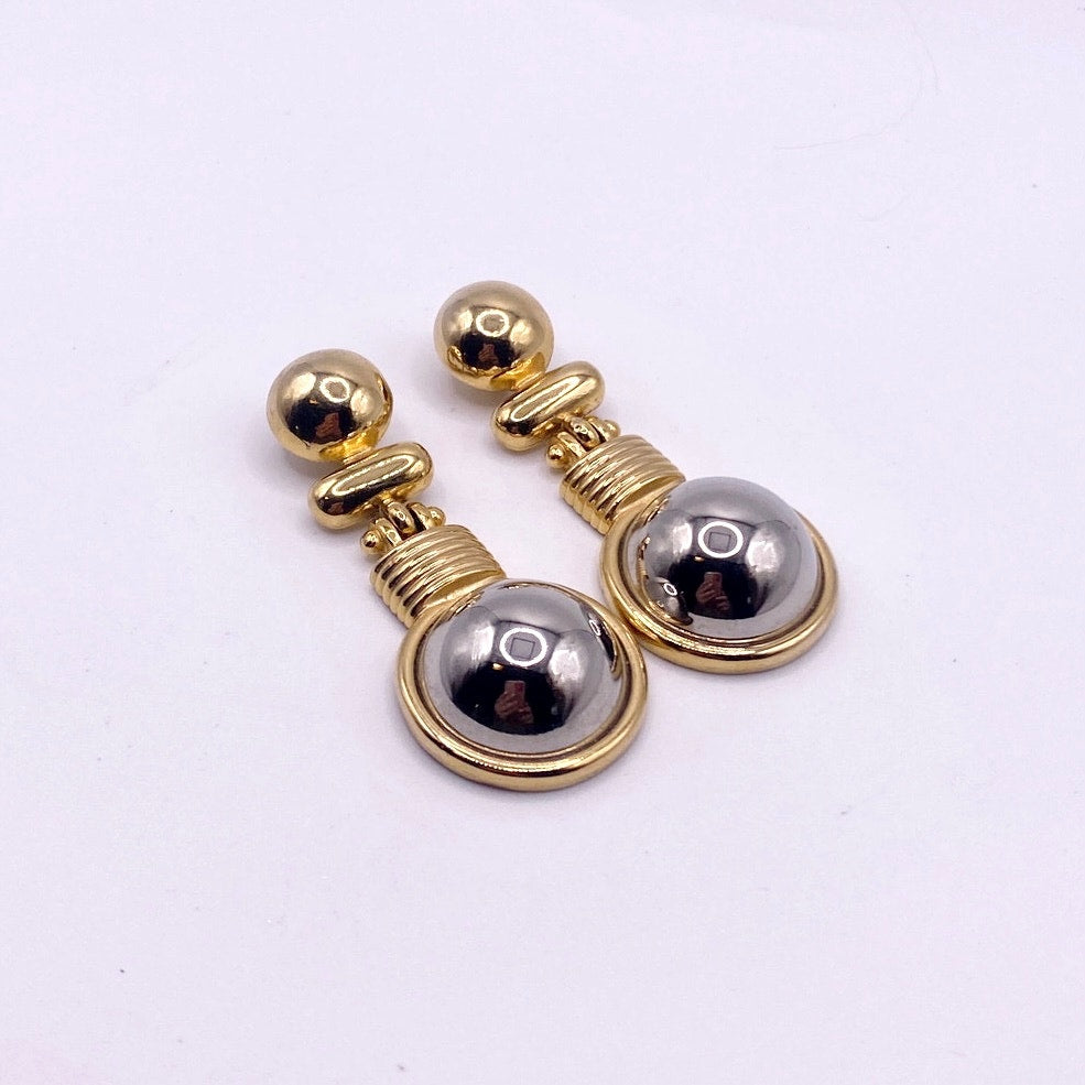 Two Tone Vintage Clip on Dangling Earrings 2” Modernist Designs