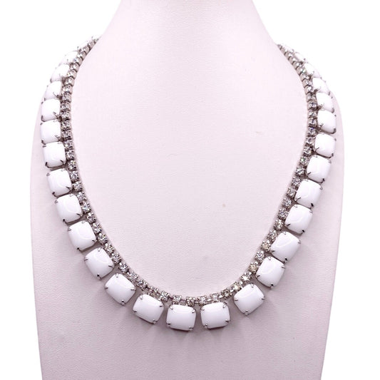 Delicate Vintage Milk Glass and Rhinestones Necklace 16”