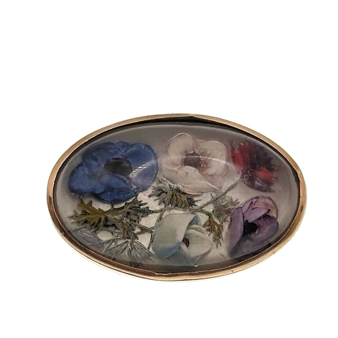Art Deco Vintage Gold Plated Silver Dried Flowers Encapsulated Box Brooch