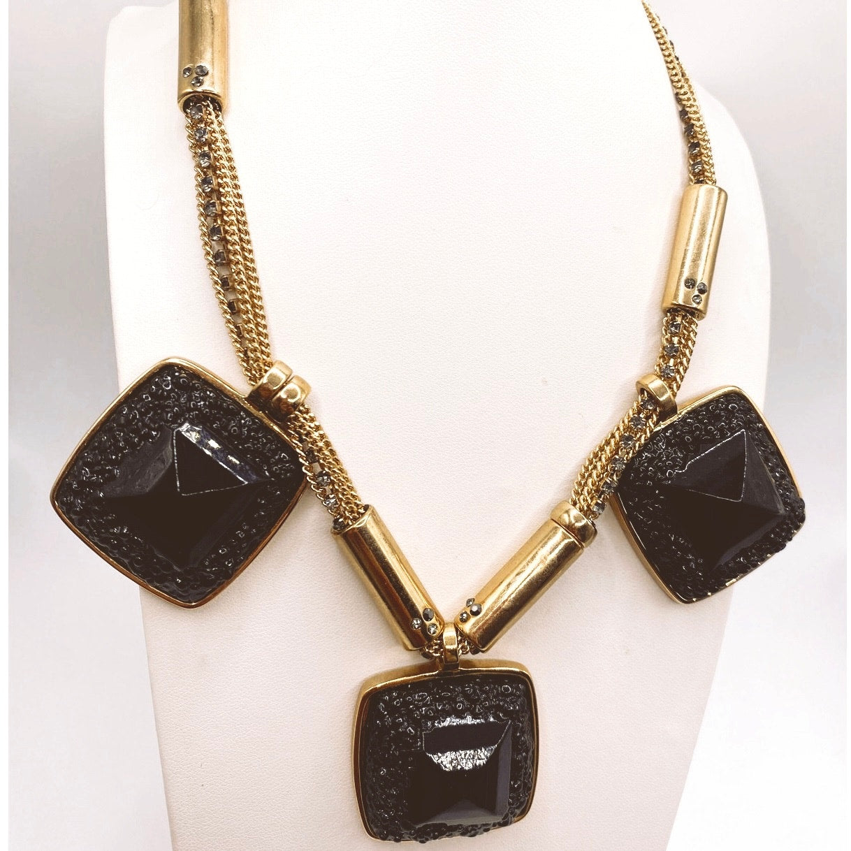 Kenneth Cole Black Lucite Necklace Gold Tone