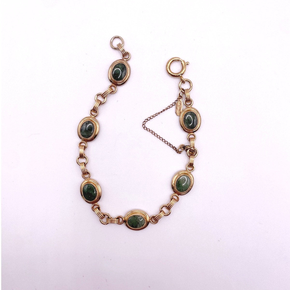 Sarah Coventry Signed 12K GF Bracelet Link with Jade Stones Size 7”