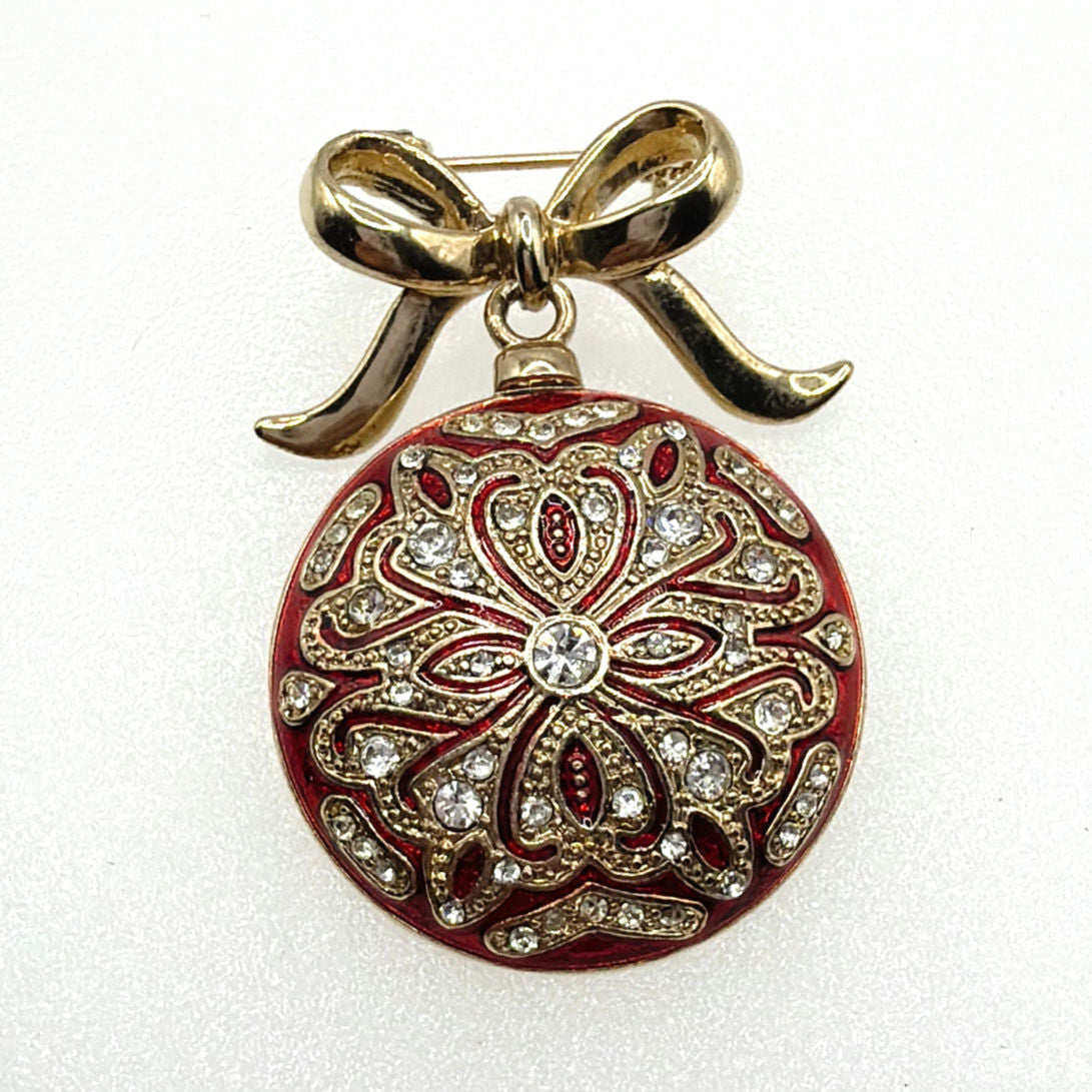 Monet vintage Pin Brooch Red Enamel and Rhinestones With Bow