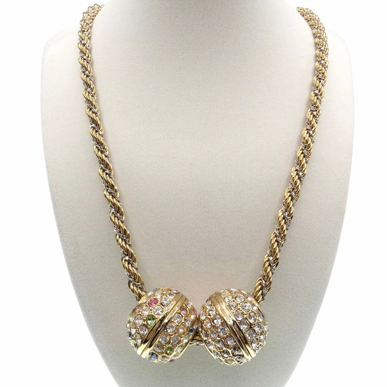 Monet Two Tone Rope Necklace With Chunky Round Rhinestones Charms 22”