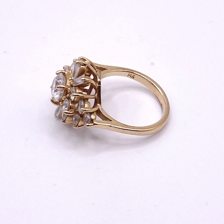 14k Solid Gold Ring with C Zirconia Crystals on Art Deco Design Size 6