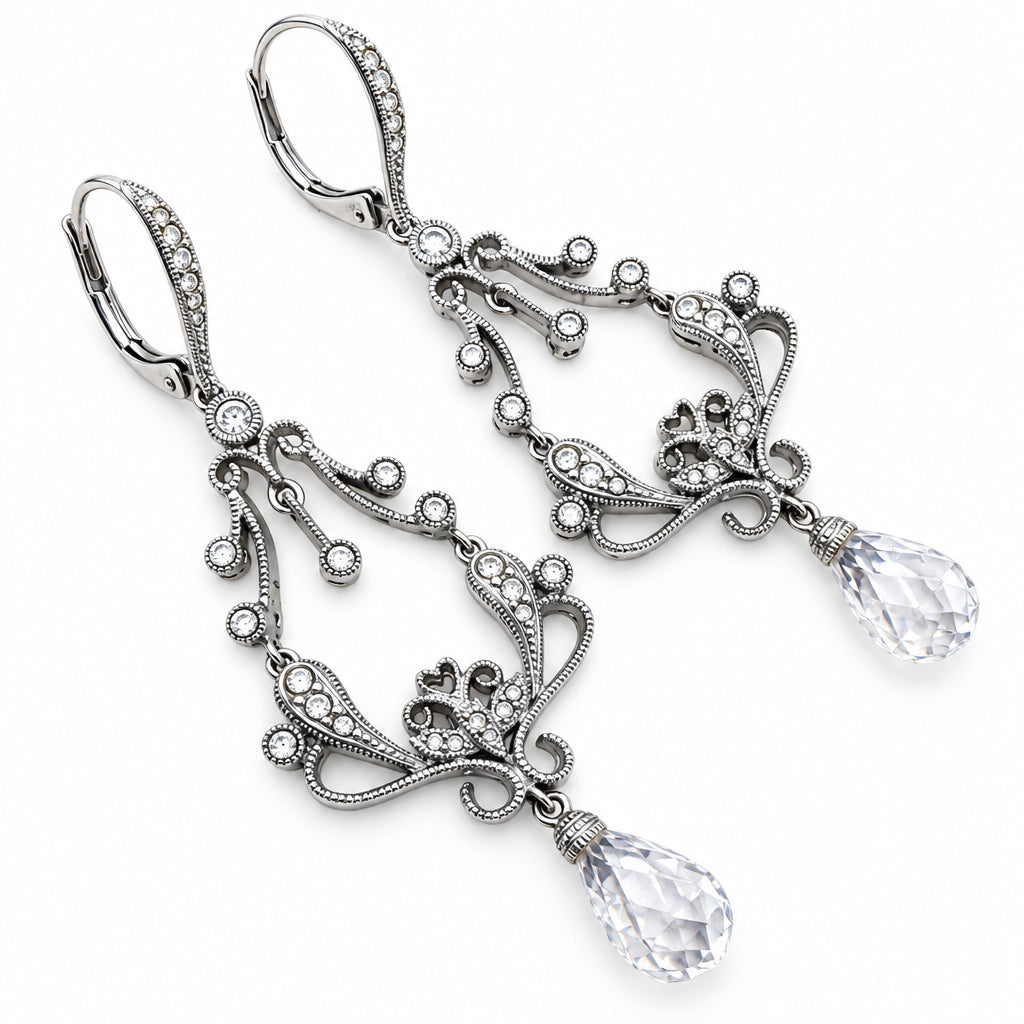 Vintage Drop Silver Tone and Crystals Earrings