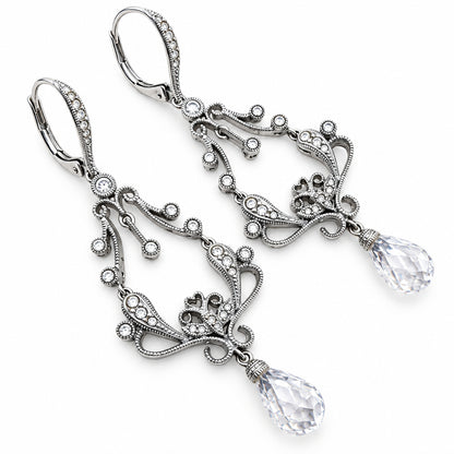 Vintage Drop Silver Tone and Crystals Earrings