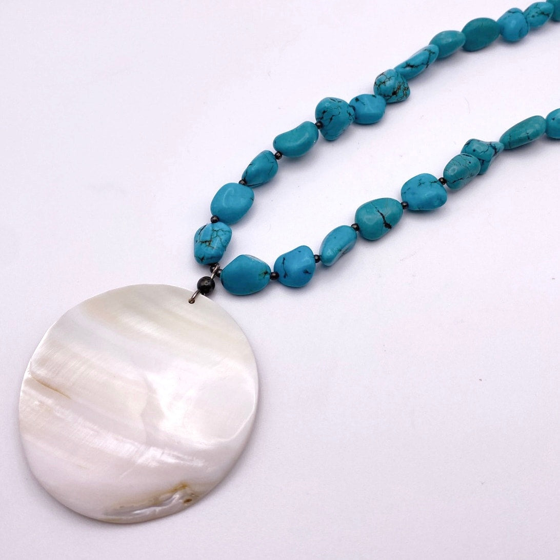 Turquoise and Sterling Silver Vintage 16" Necklace with Large Shell Pendant 2"