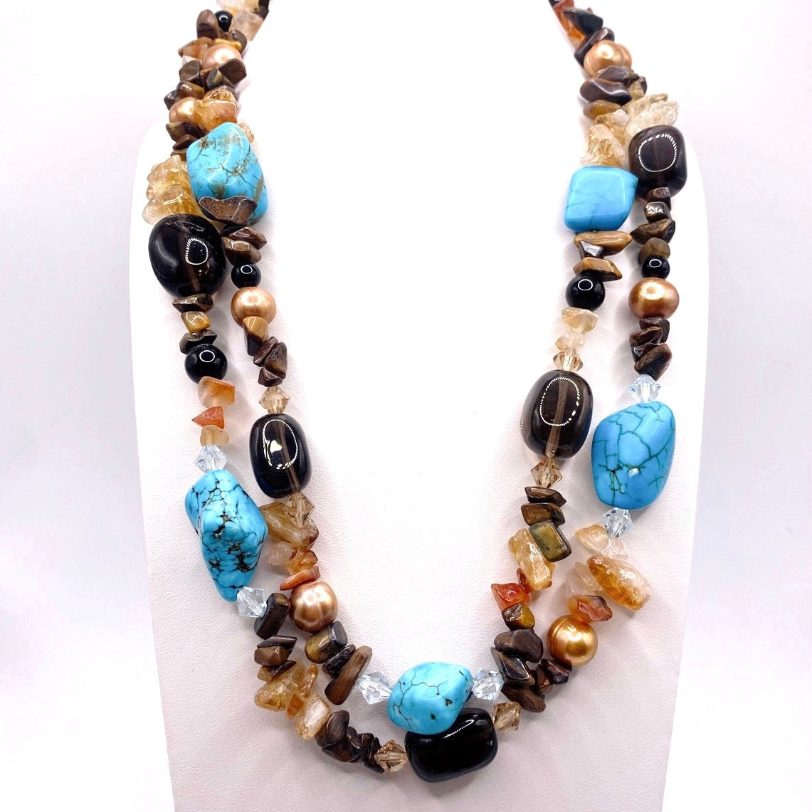Gemstones Vintage Necklace Turquoise Smoky Quartz and Citrine Double Strand 17”