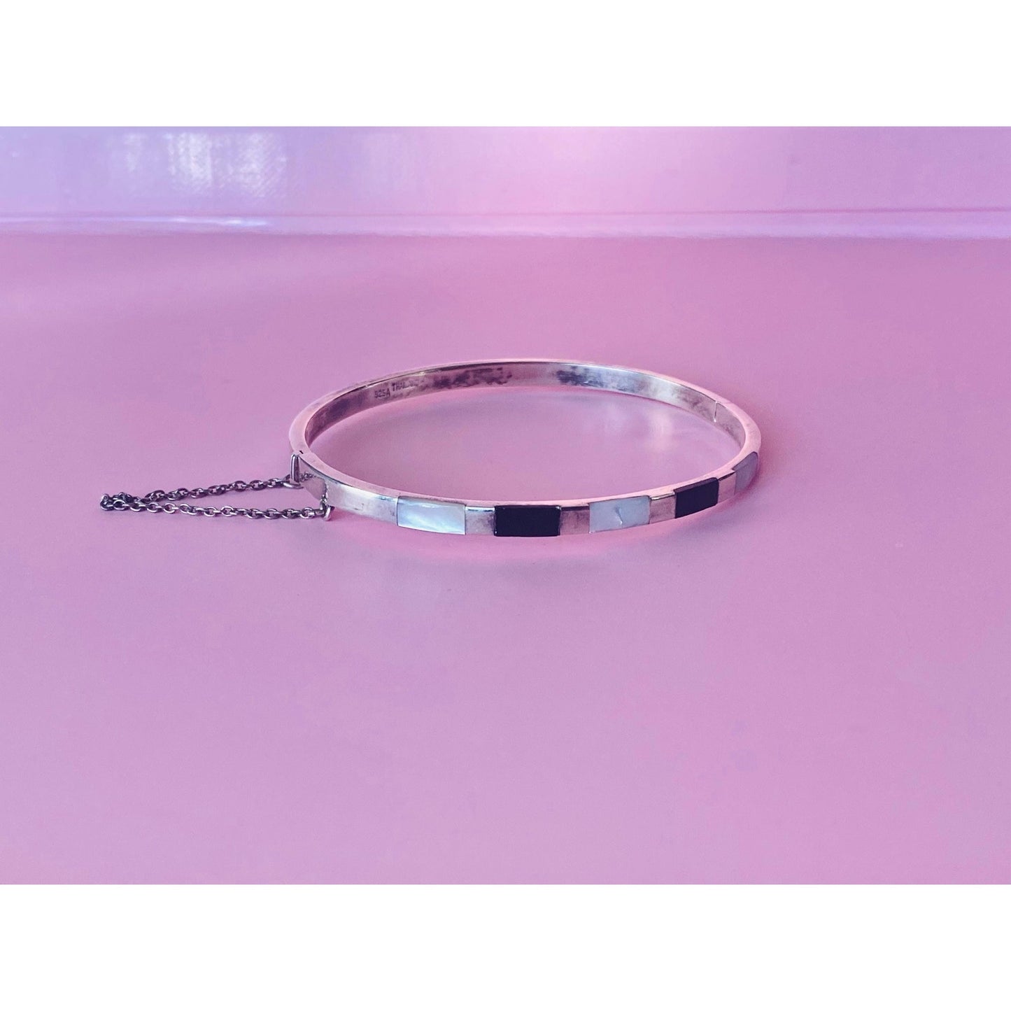 Sterling Silver Bangle Bracelet Mother Of Pearl and Onyx