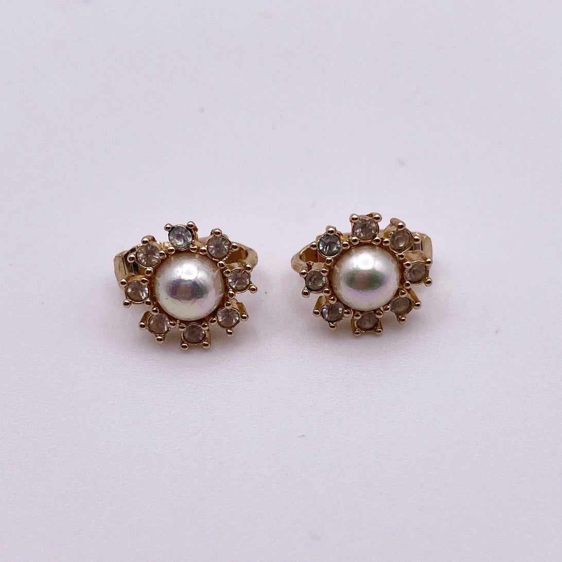 Christian Dior Vintage Small Clip On Earrings Gold Plated Flower Rhinestones