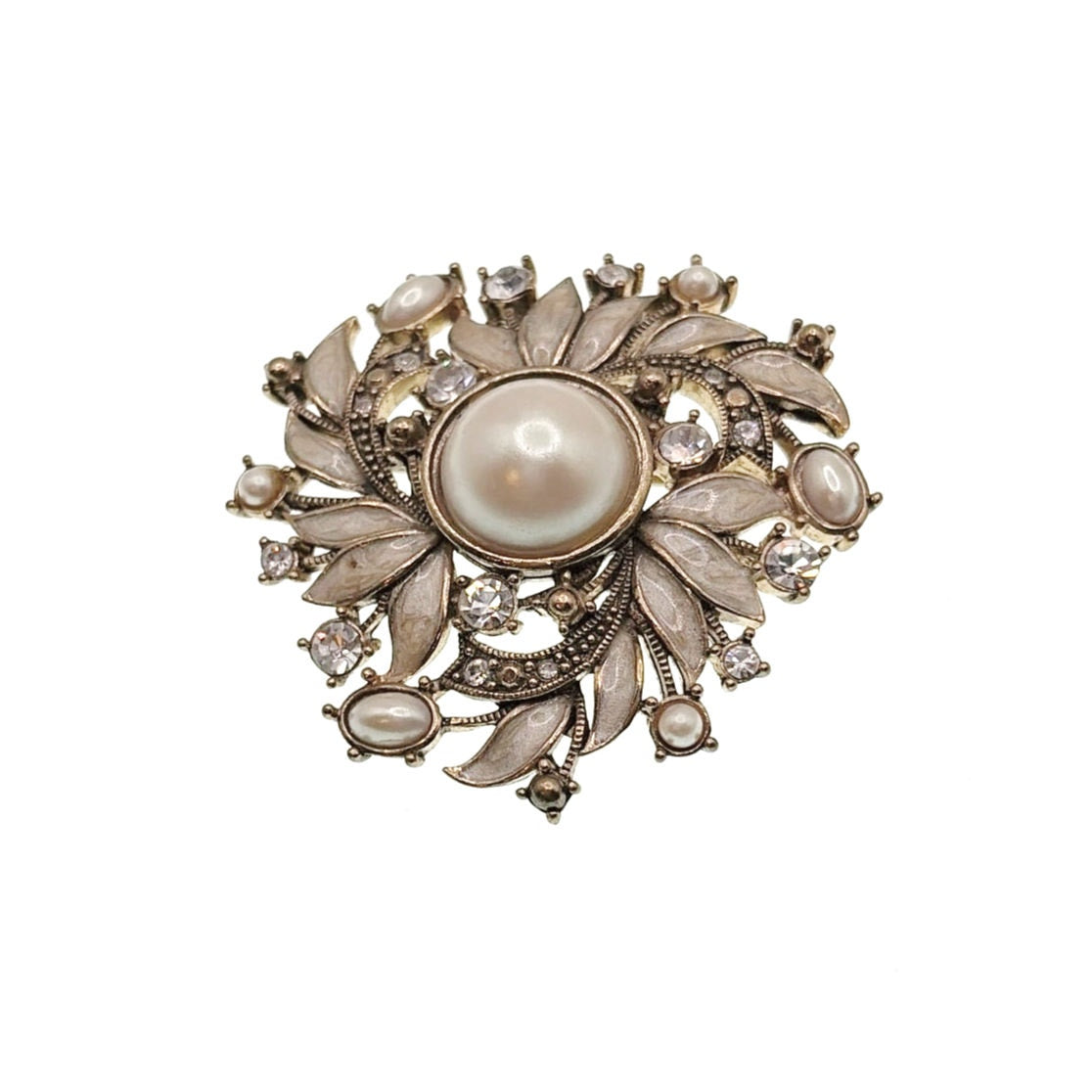 Monet Enamel and Faux Pearl Floral Brooch White and Cream 2”