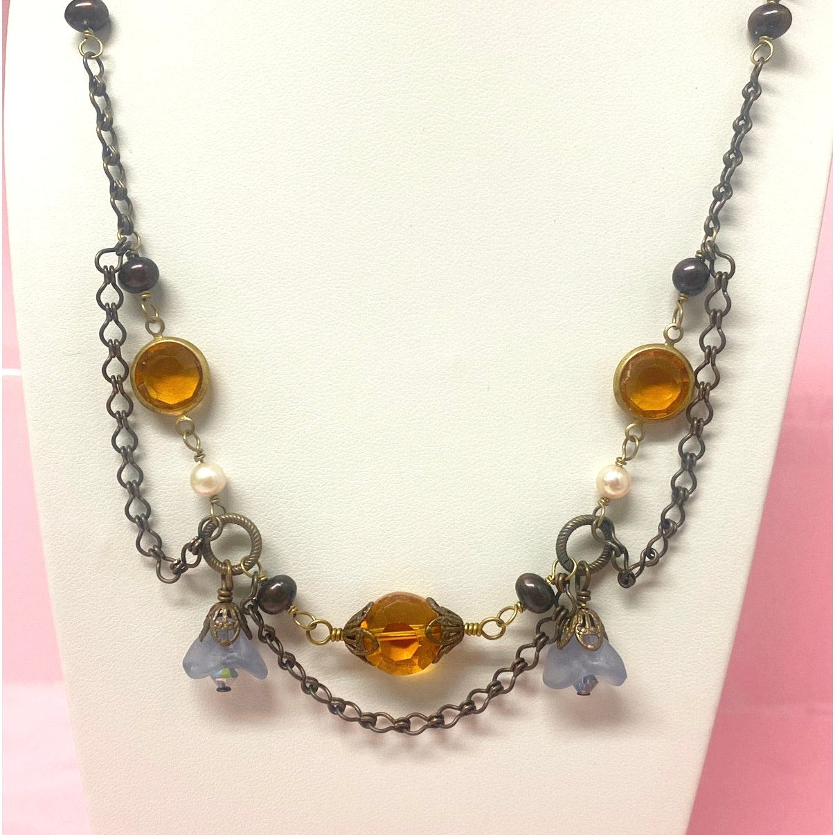 Vtg Bohemian Glass & Pearl Filigree Necklace