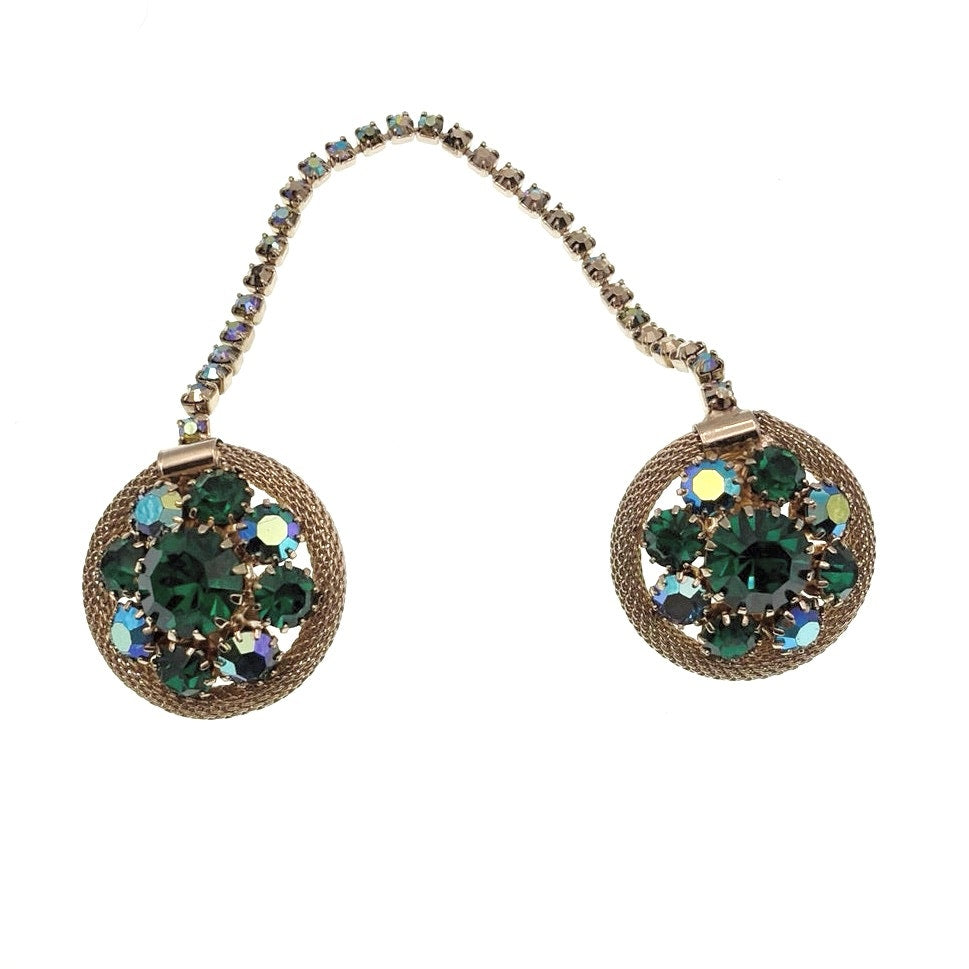 Vintage Green and Blue Rhinestones Sweater Clip 7” Chain