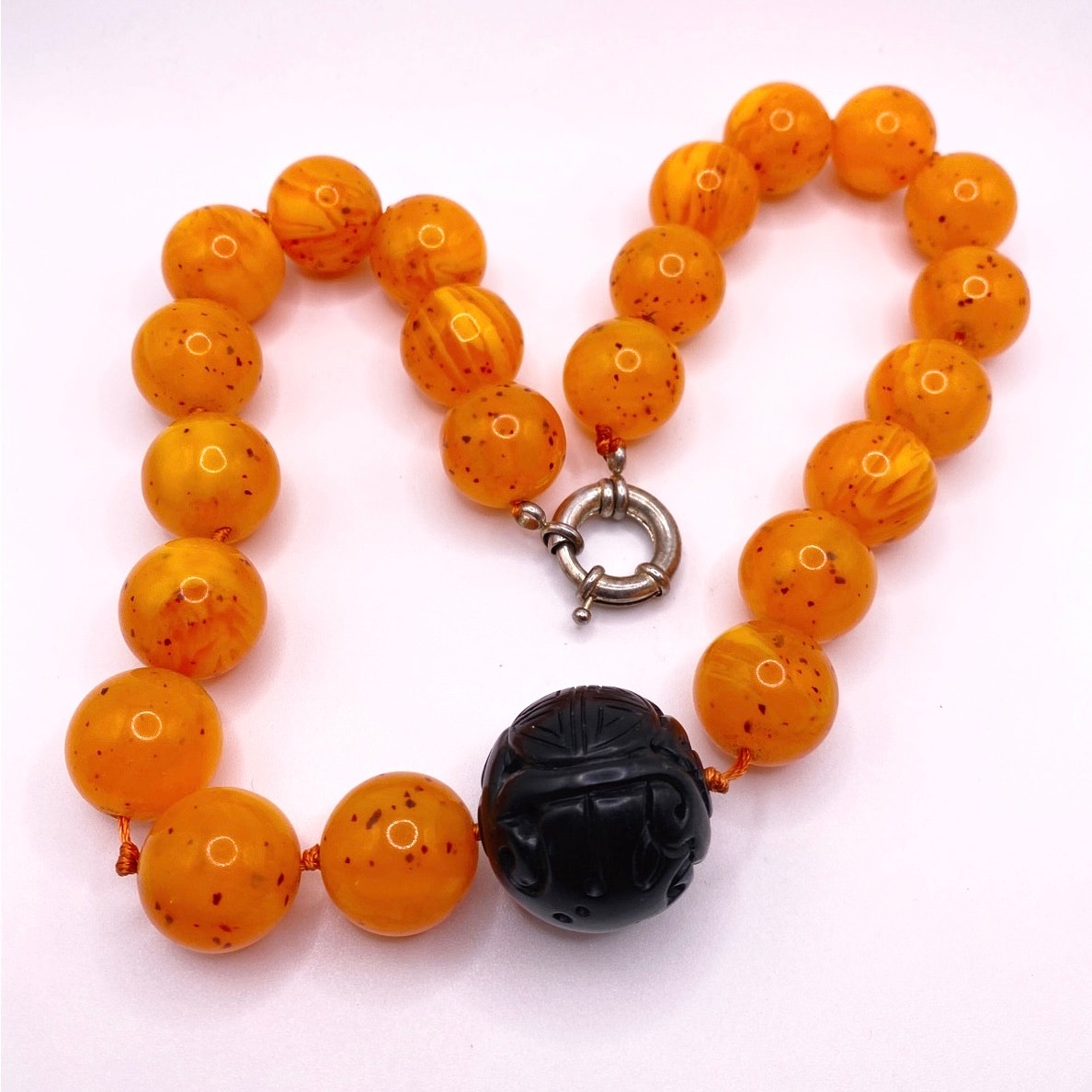 Vtg Orange Lucite and Black Carved Bakelite Necklace St Silver Closure