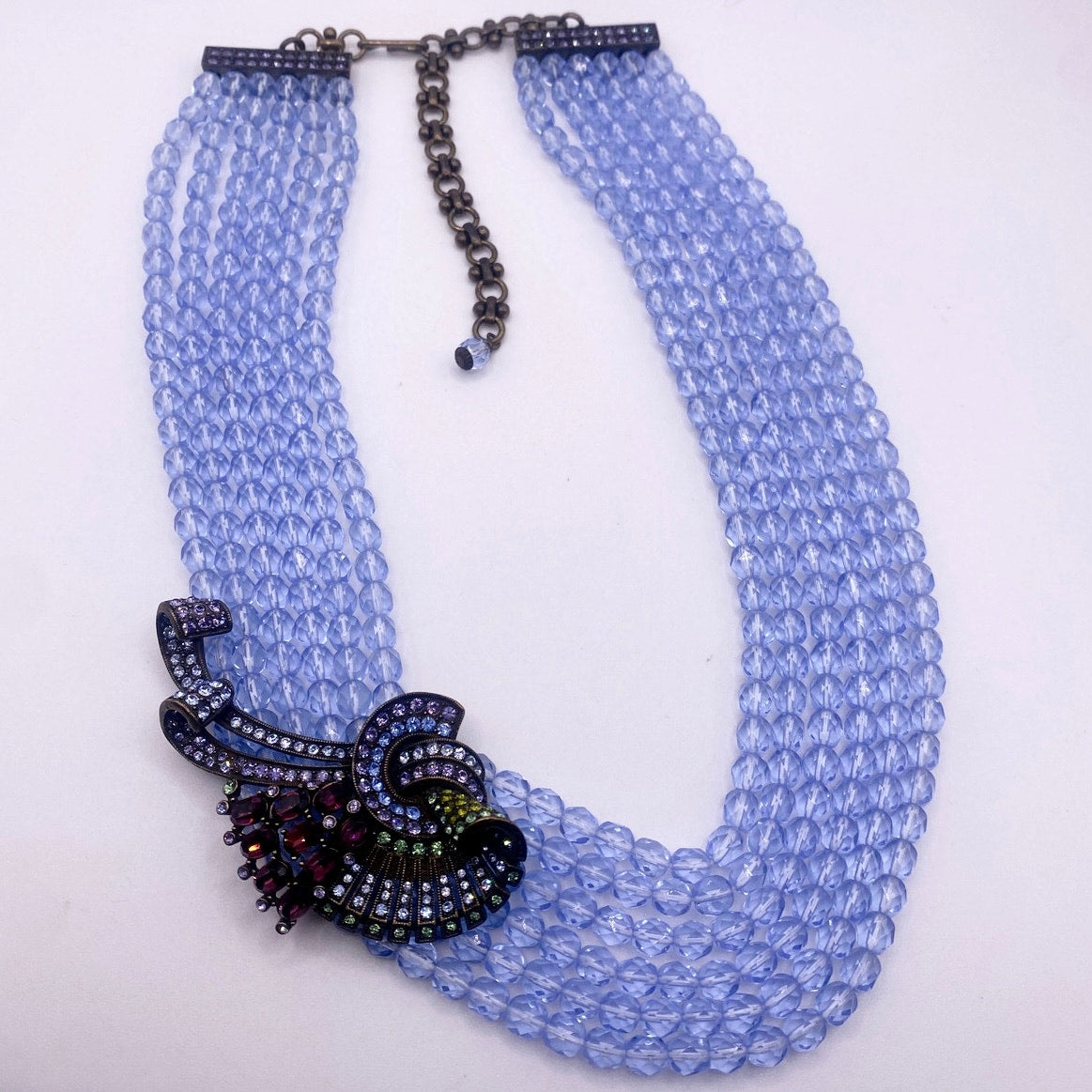 Heidi Daus Signed Sapphire Blue Glass Vintage Multistrand Necklace 16”