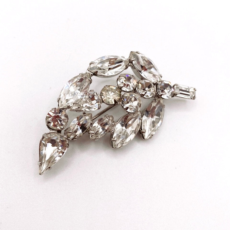 Vintage White Rhinestones Brooch Leaf Motifs