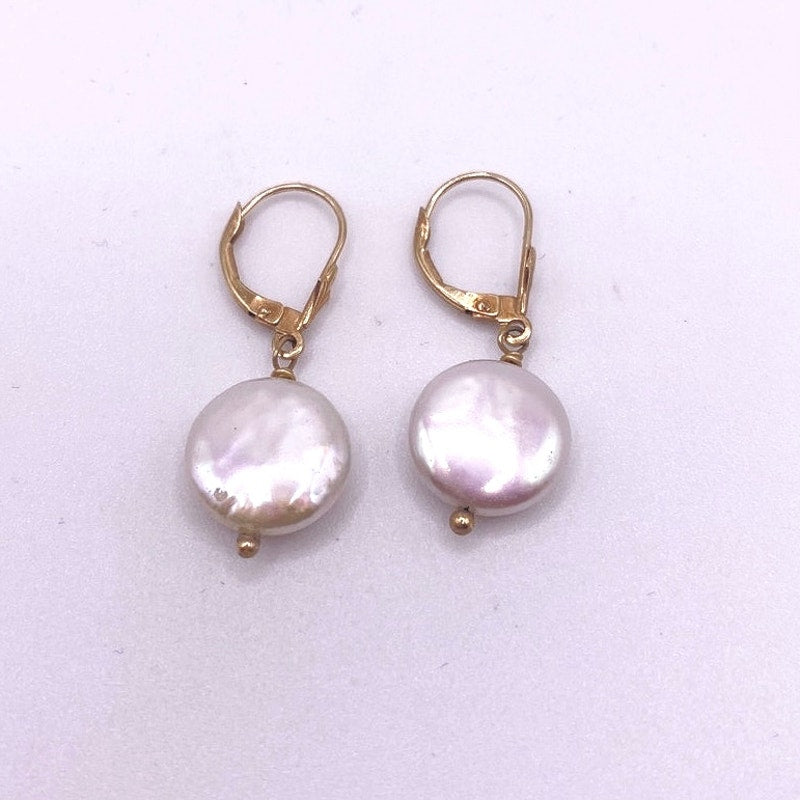 14k Gold and Pearl Leverback Earrings