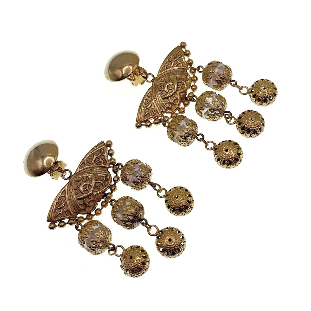 Vintage Brass Clip On Statement Butterfly Chandelier Earrings with AB Beads