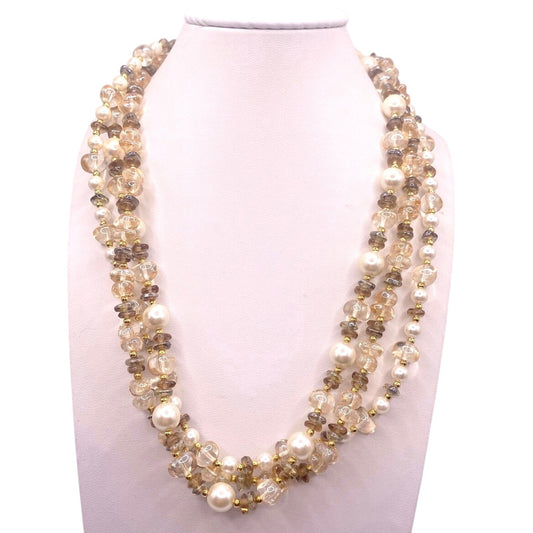 Napier Signed Three Strands Necklace Faux Pearls and Quartz Beads
