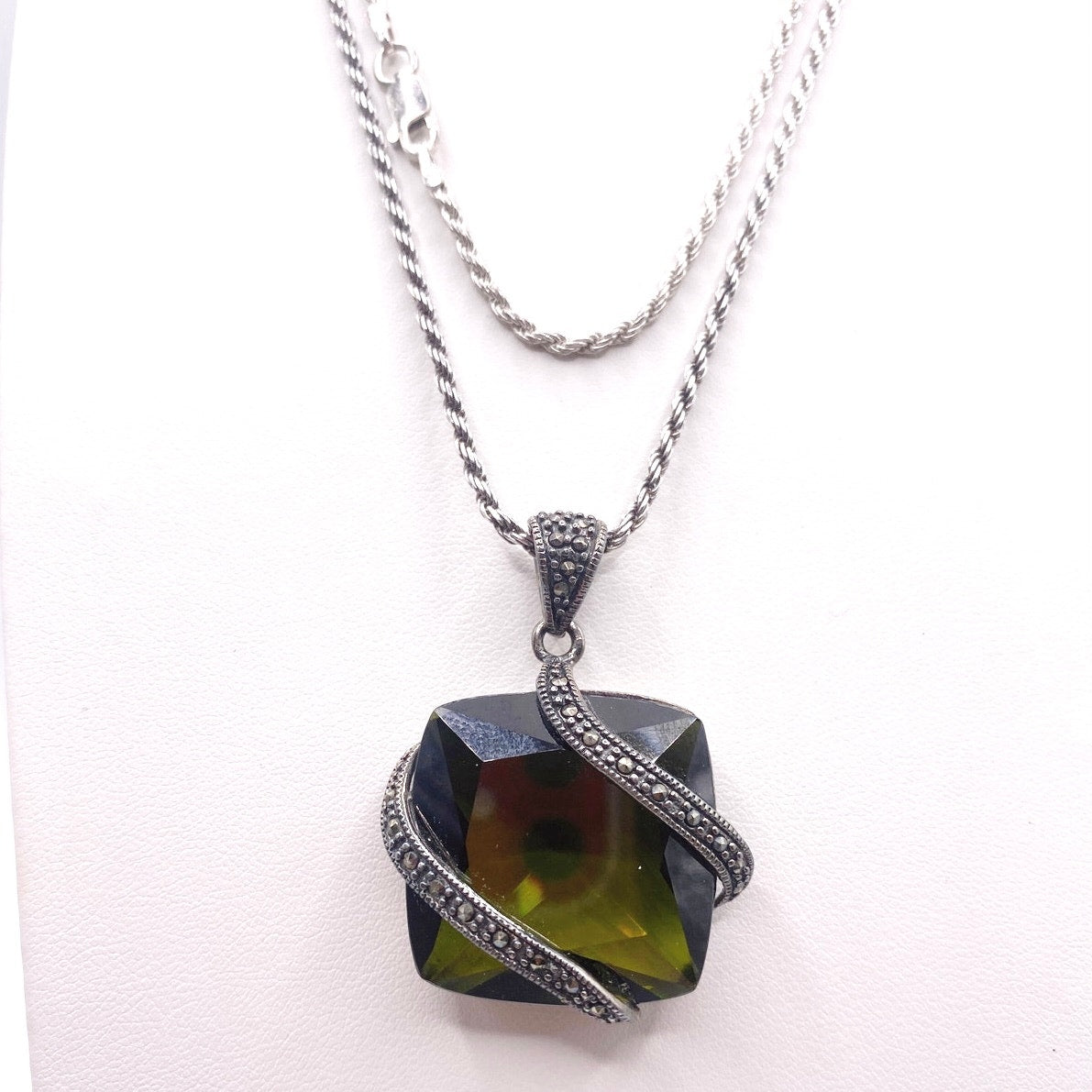 Sterling Silver Long Necklace 28” Simulated Green Tourmaline Stone and Marcasites