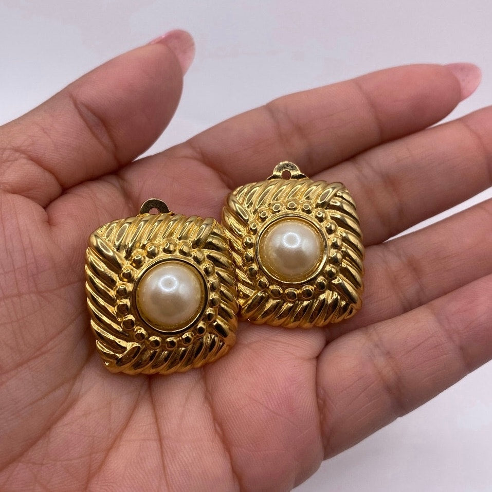 Square Button Faux Pearl Clip On Earrings
