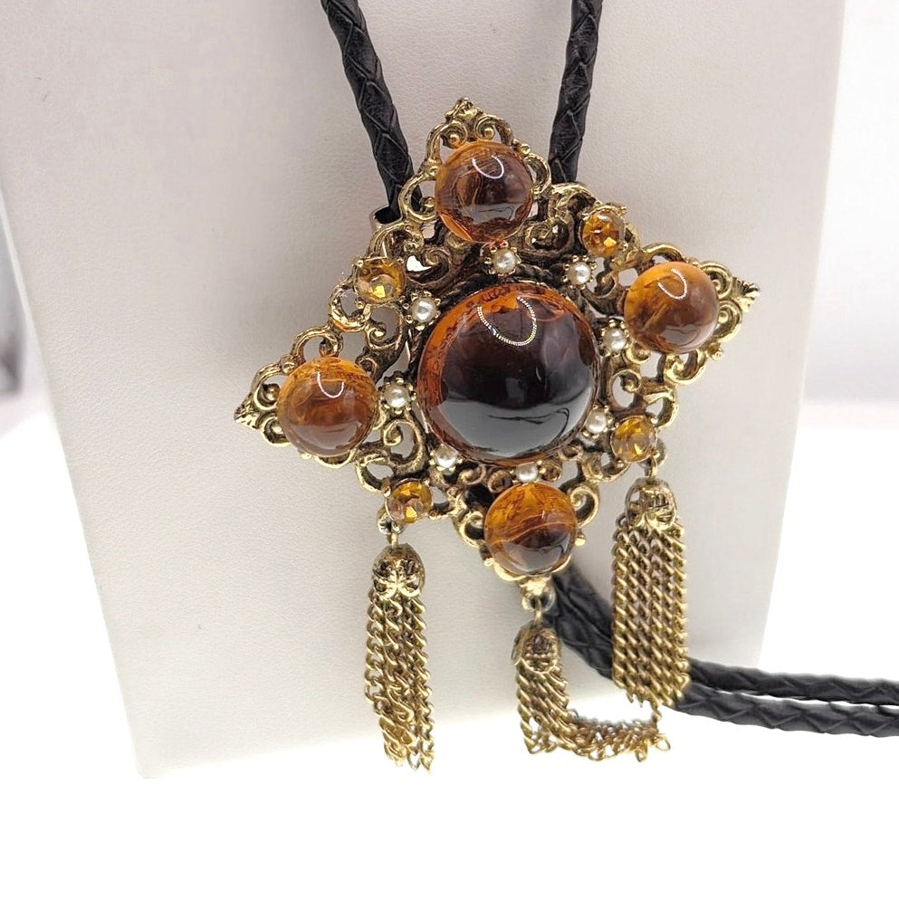 Vintage Bolo Tie Necklace Brown Molded Glass cabochon