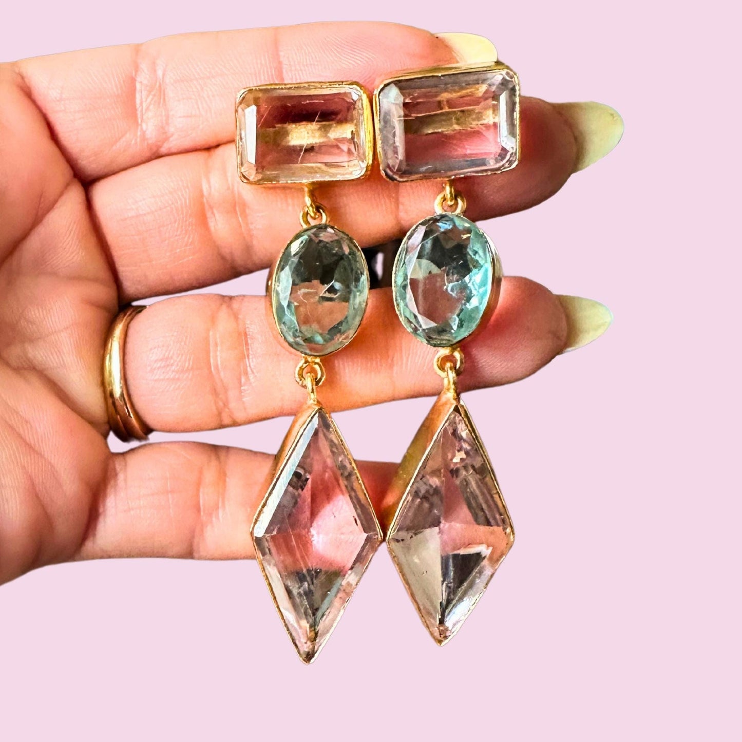 Cocktail Earrings Pink and Aqua Glass