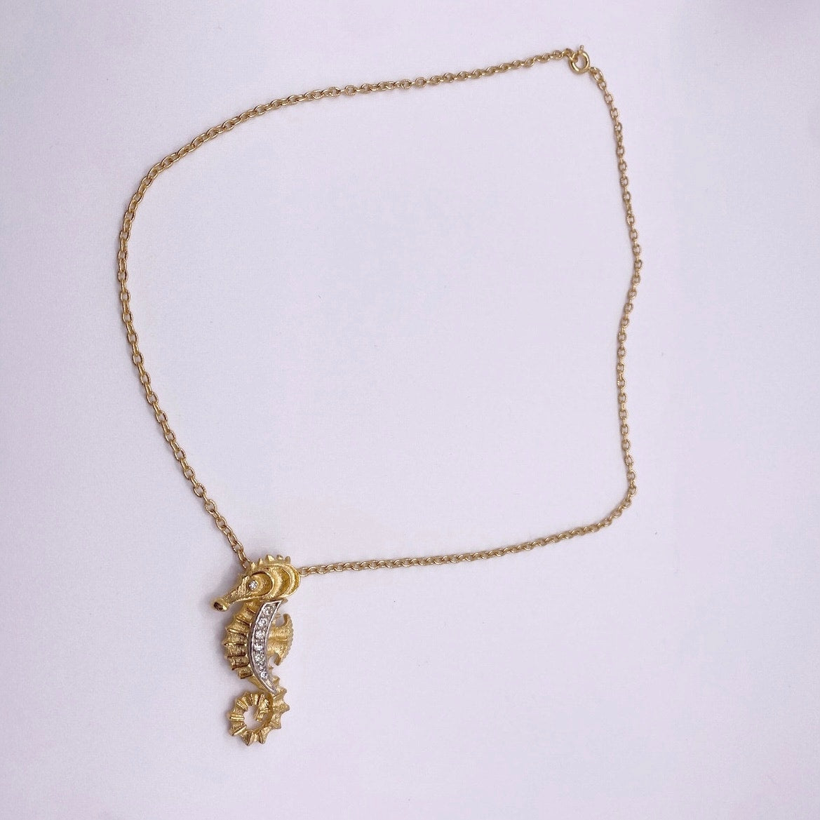 J.Jay Signed Vintage Necklace with Sea Horse Pendant Gold Tone and Rhinestones