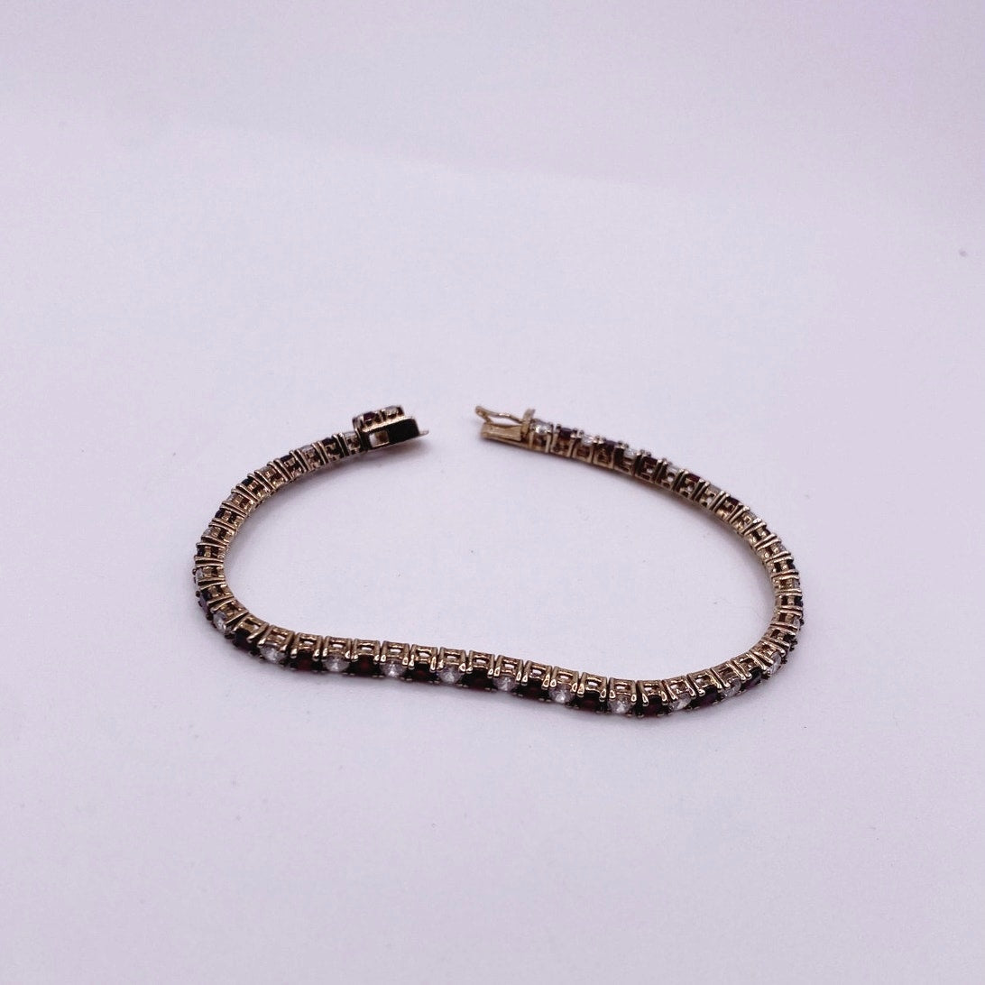 Vintage Sterling Silver Gold Vermeil 925 Bracelet Red and White CZ 3mm Size 7”