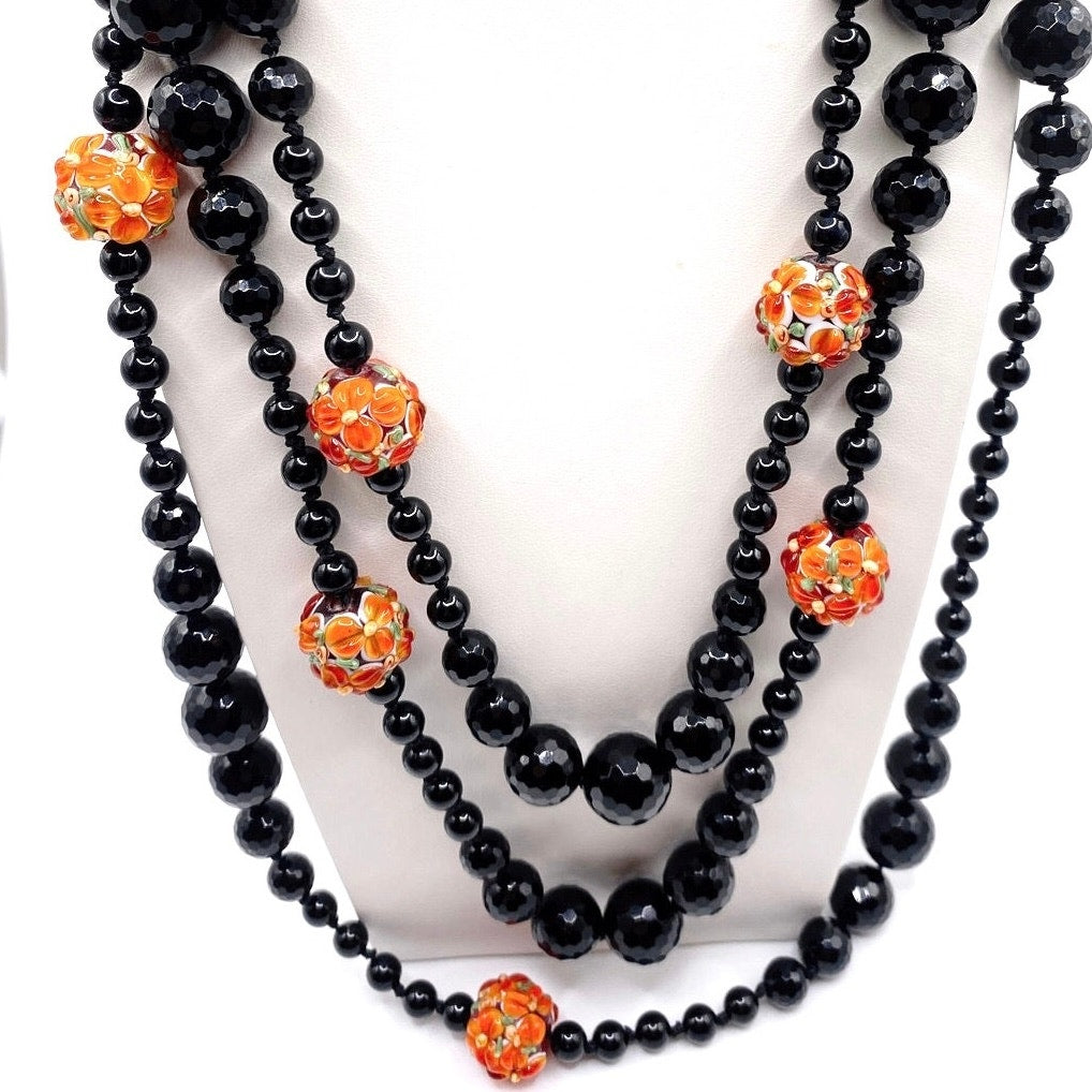 Black Opera Necklace Extra Long 66” Knotted Onyx and Murano Glass Millefiori Orange Beads