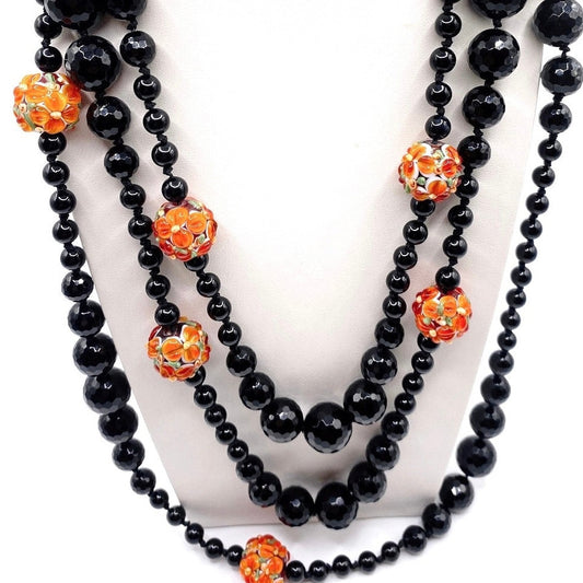 Black Opera Necklace Extra Long 66” Knotted Onyx and Murano Glass Millefiori Orange Beads