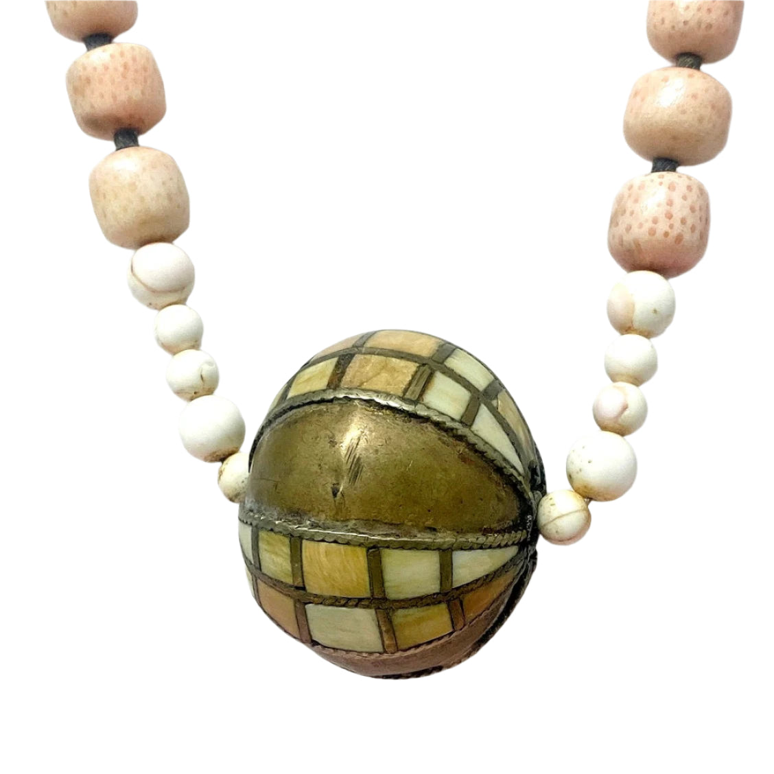 Antique Angel Skin Coral & Brass Necklace