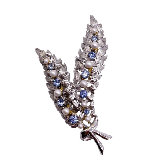 Vintage Coro Blue Rhinestones and Faux Seed Pearls Leaves Brooch