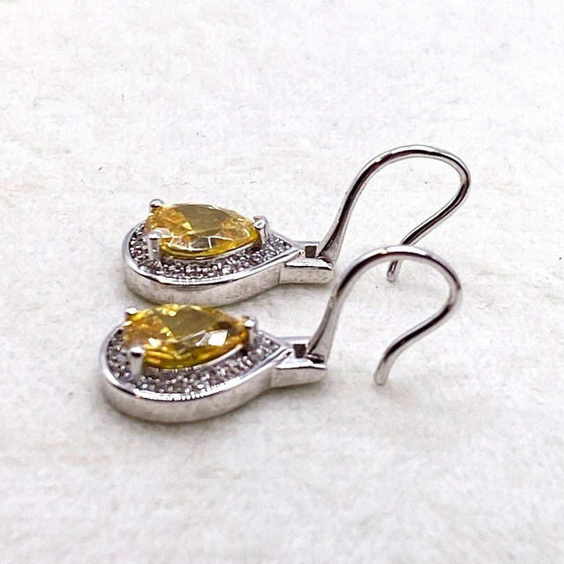 Sterling Silver Earrings with Dangling Citrine Cubic Zirconia Tear Drop 1cm