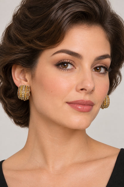 3cm Long Retro Clip On Earrings Yellow and Orange Rhinestones
