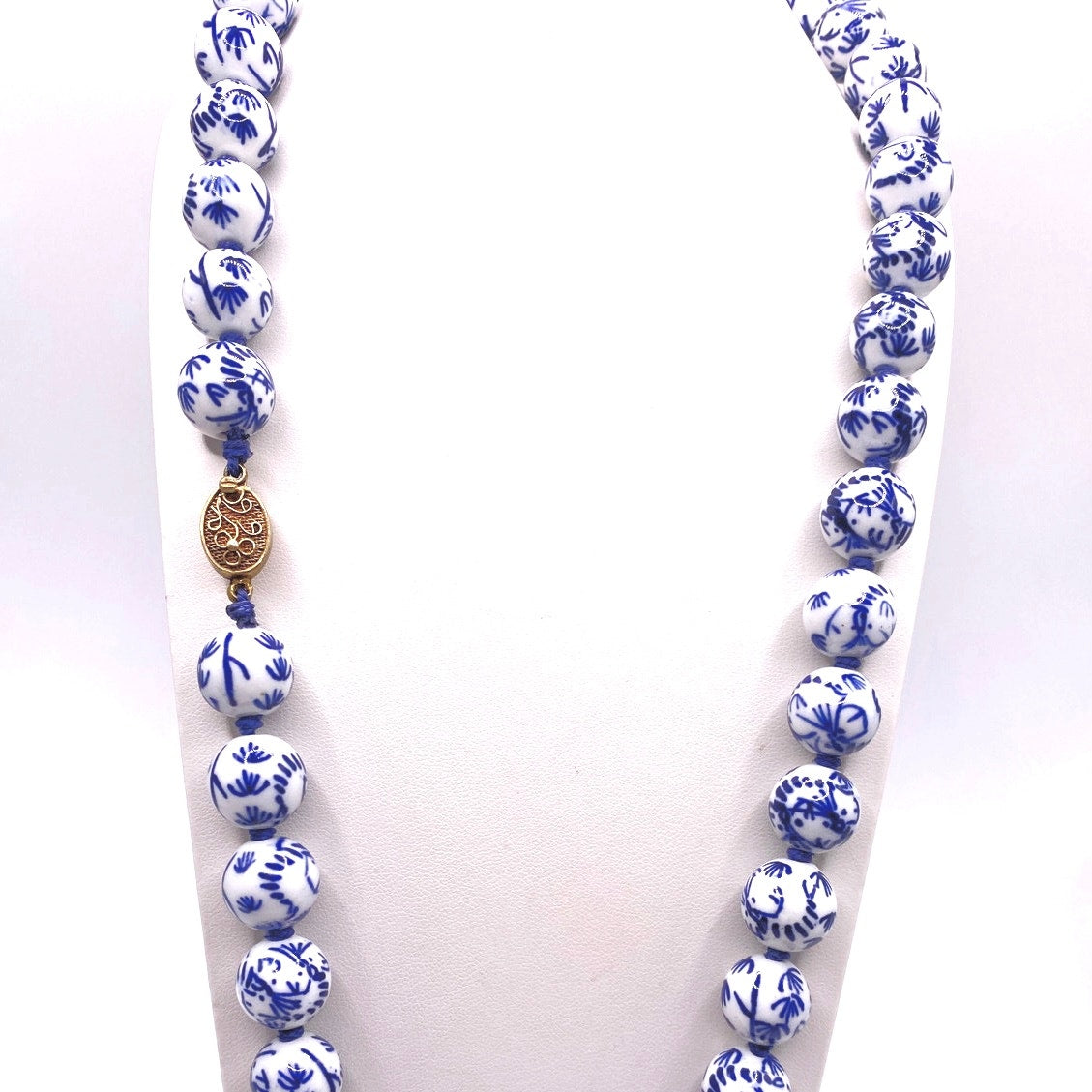 Vintage Chinese Necklace Hand Painted Blue and White Porcelain Beads 22”