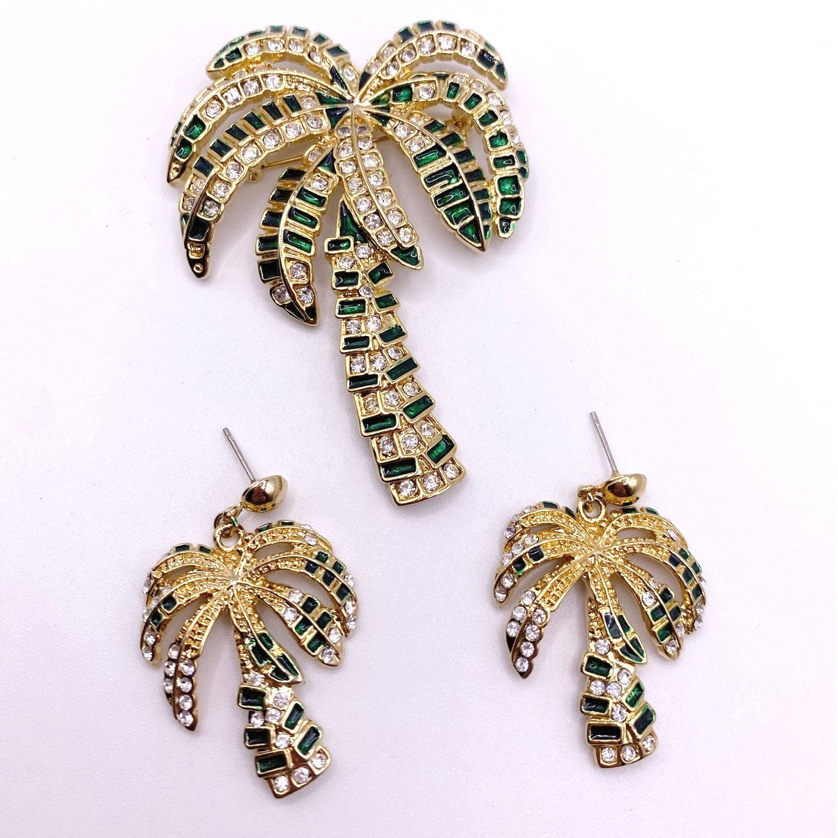 Palm Tree Rhinestones And Enamel Earrings and Brooch Set