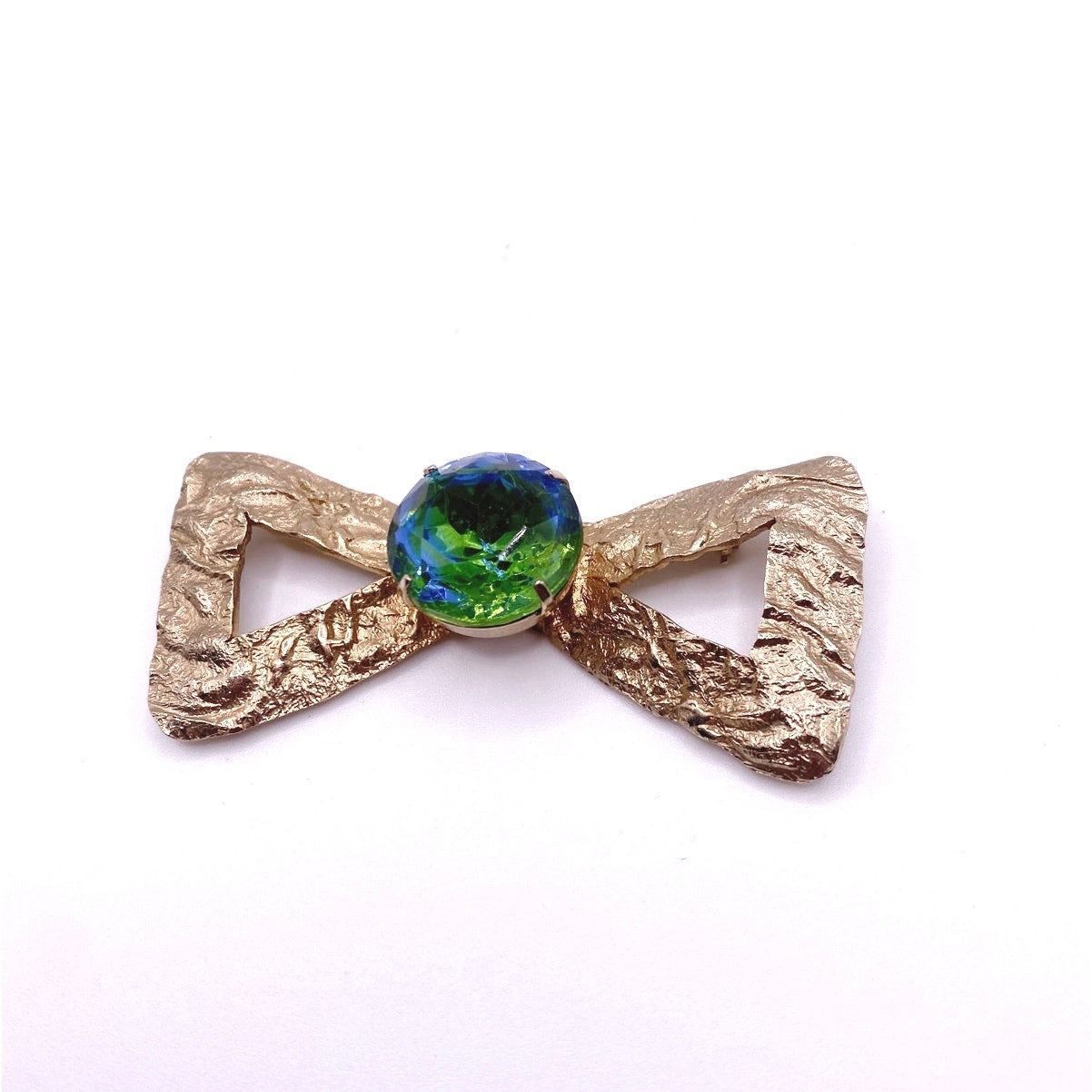 Vintage Brooch Bow with Bohemian Green and Blue Glass 2” long