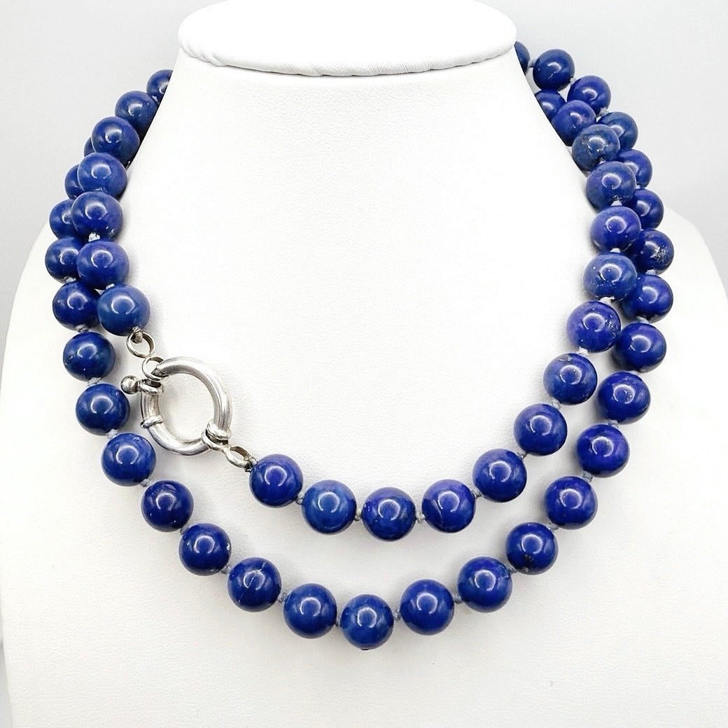 Lapis Lazuli 6mm Knotted Beaded Necklace with Sterling Silver Closure 22”