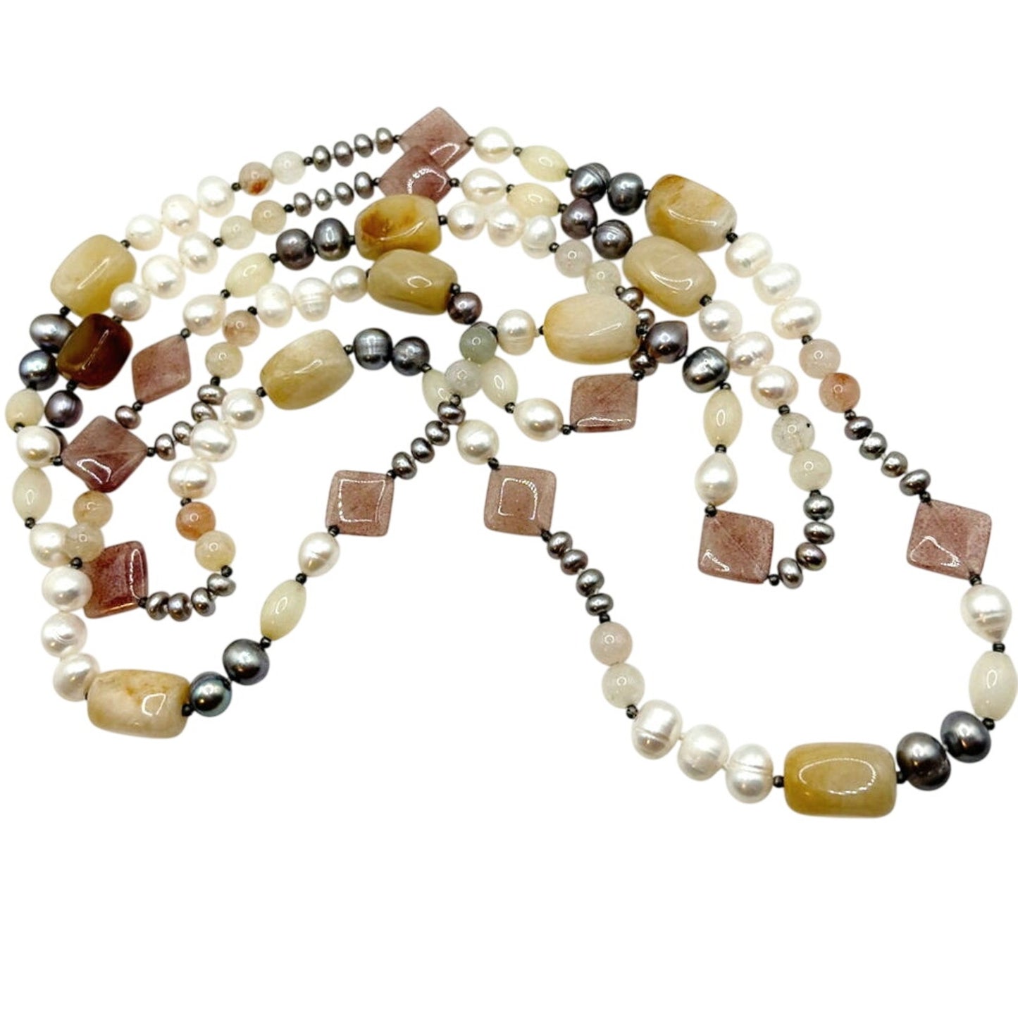 Gemstones and Pearls Knotted Vintage Extra Long Necklace 66” One Strand