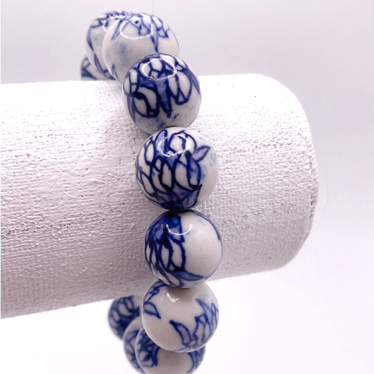 Vintage Chinese Hand-painted Ceramic Beads Stretchy Bracelet 6-7”