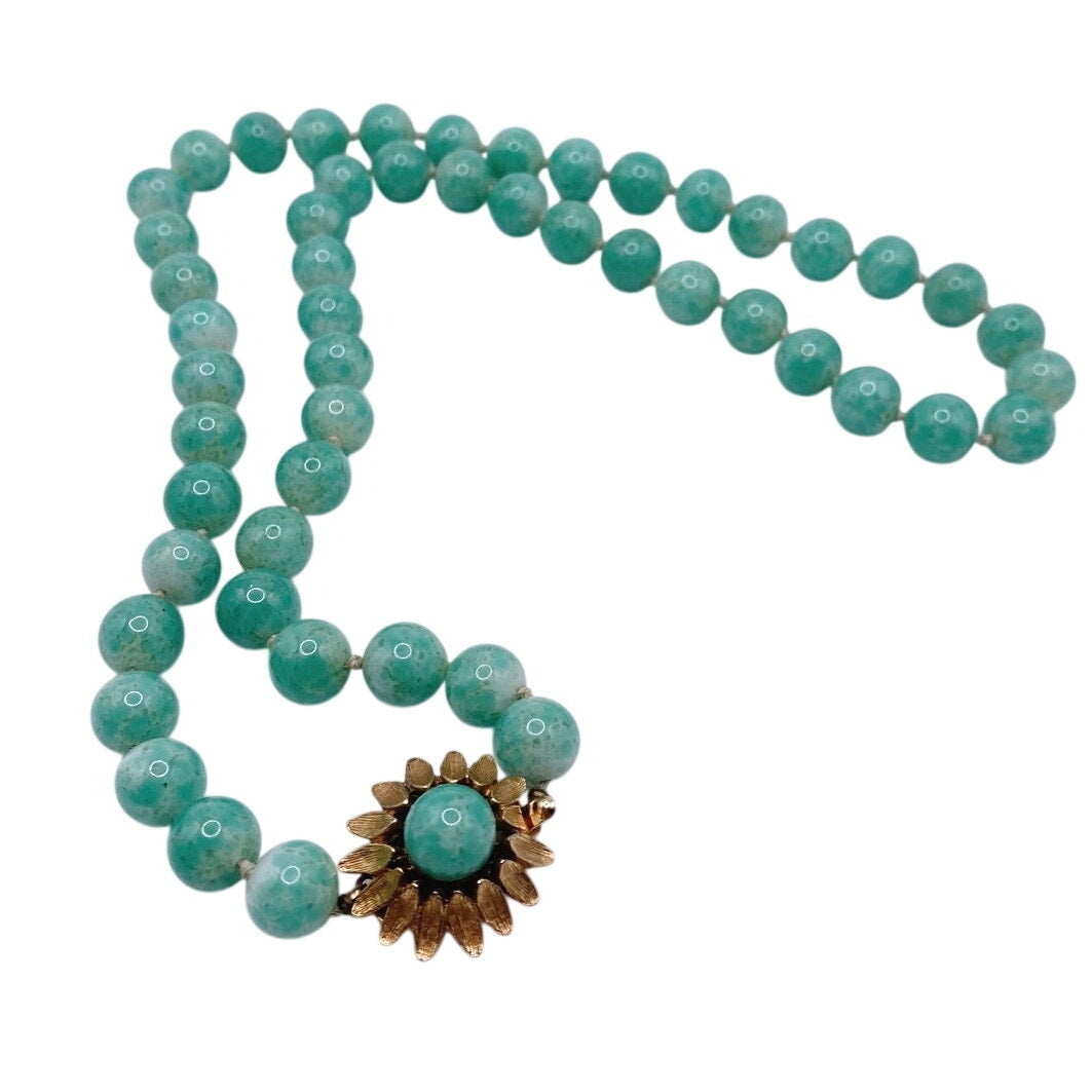 Vintage Green Pekin Glass Beads Chinese Necklace 22” with Flower Clasp