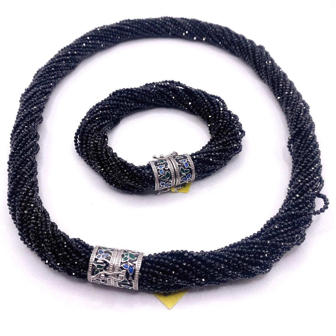 Black Onyx Seed Beads Spinel Necklace and Bracelet Set Sterling Silver Closure