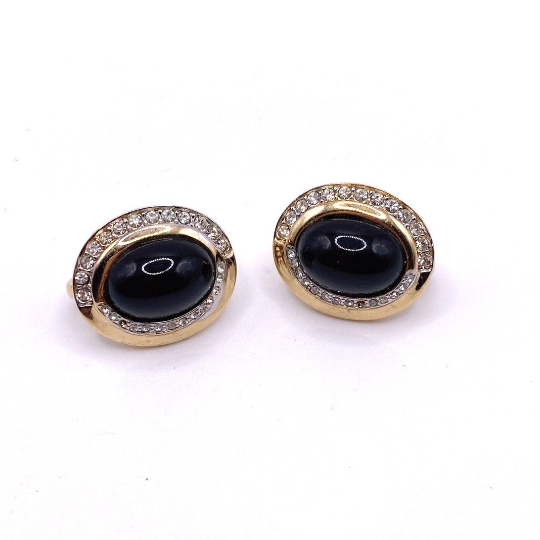 Nina Ricci Signed Gold Tone and Black Retro Suds Earrings with Rhinestones