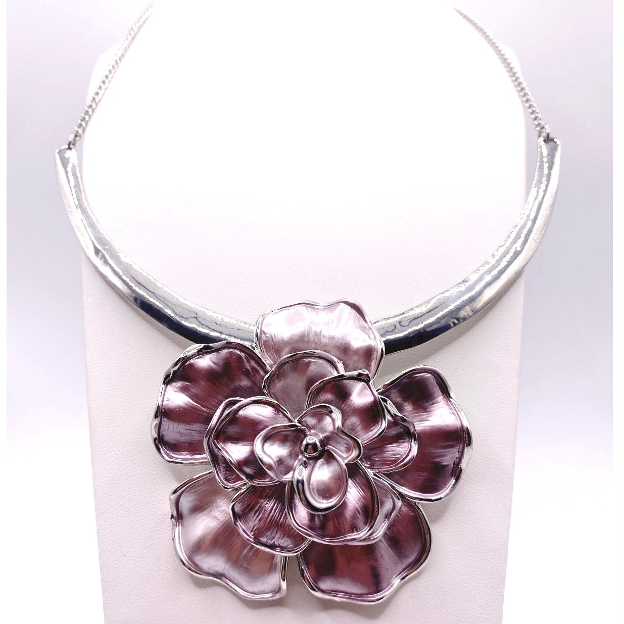Purple Enamel Flower Pendant Bib Necklace