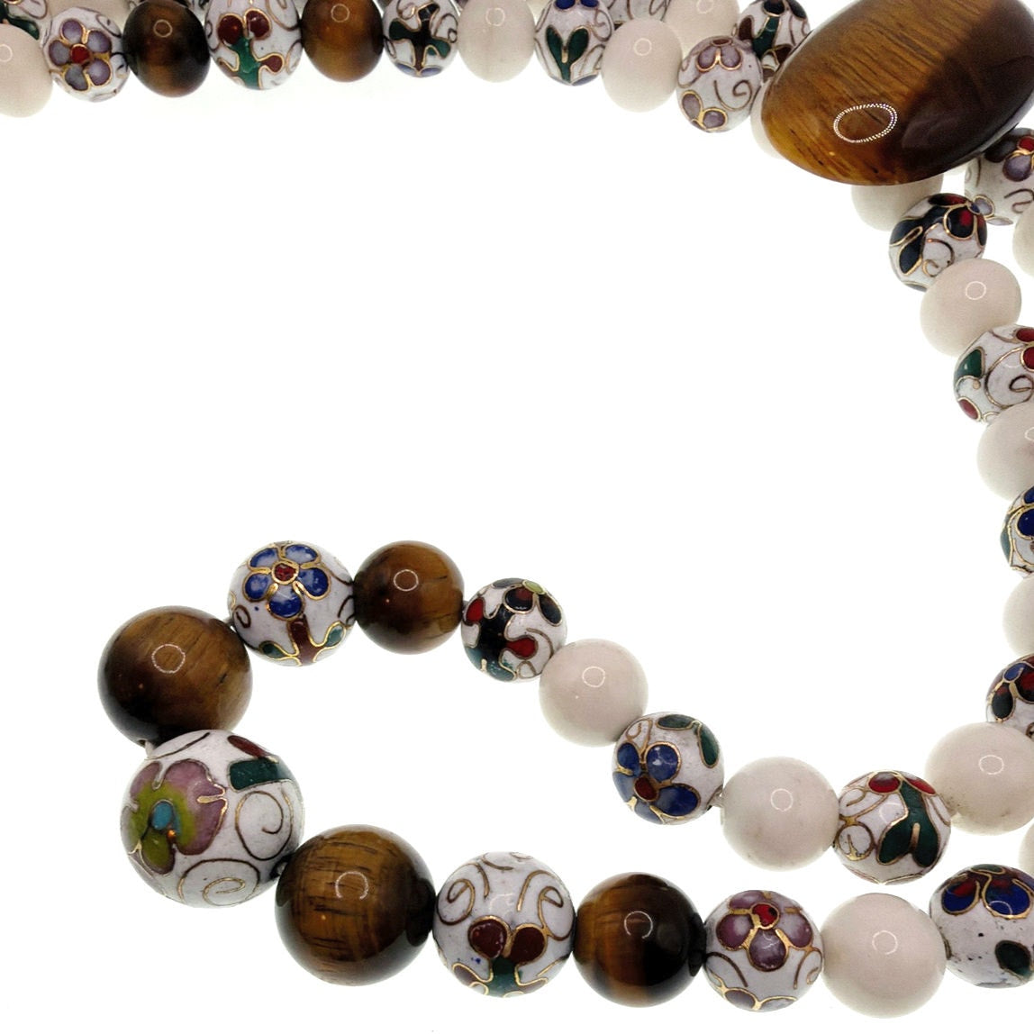 Jadeite Cloisonné and Tiger Eye Vintage Chinese Necklace 36”